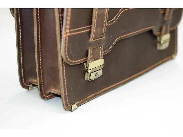 Кожаный портфель 2 отделения коричневый винтаж кежуал casual качественный ручная работа - Фото 3