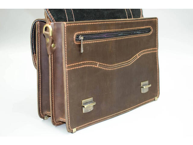 Кожаный портфель 2 отделения коричневый винтаж кежуал casual качественный ручная работа - Фото 7