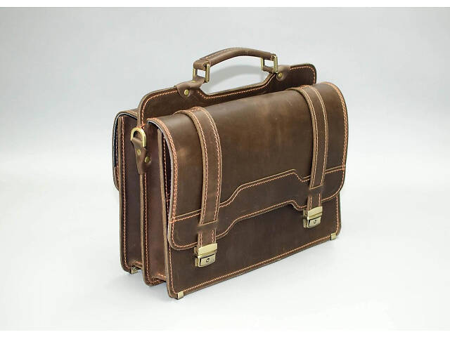 Кожаный портфель 2 отделения коричневый винтаж кежуал casual качественный ручная работа - Фото 9
