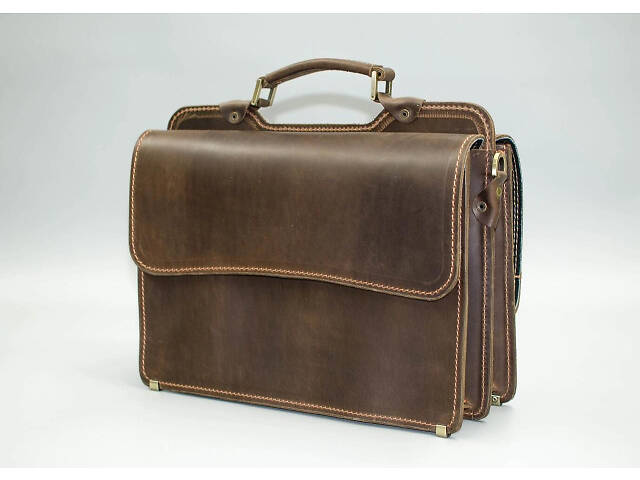Кожаный портфель 2 отделения коричневый винтаж кежуал casual качественный ручная работа - Фото 10