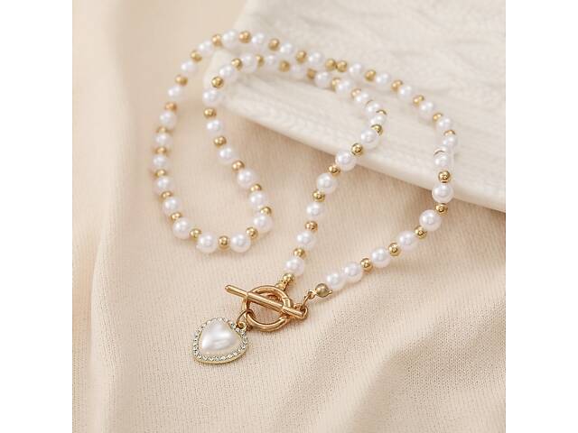 Кольє жіноче з кулоном Серце 14901 50 см золотисте з білим - Фото 4