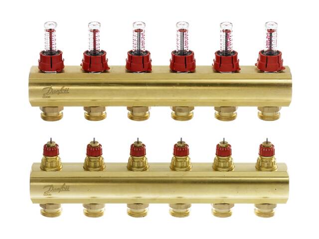 Коллектор Danfoss FHF 6+6 с ротаметрами, латунь - Фото 1