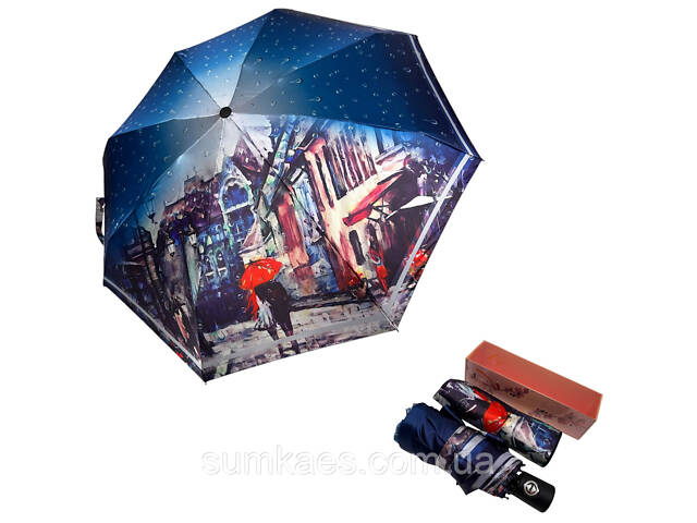 Компактна жіноча автоматична міні парасоля на 8 спиць від Toprain з принтом міста, синій, 034036-6 - Фото 1