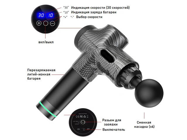 Компактний перкусійний масажер для всього тіла, 6 змінних масажних насадок, 30 рівнів швидкості - Фото 2