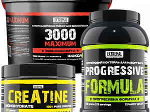Комплект 3 в 1 для набору маси Extremal 1,95 кг – гейнер для набору маси, протеїн для м'язів, креатин для сили та енергії.