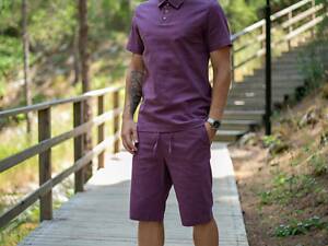 Комплект мужской льняной базовый 'Flax' Intruder фиолетовый: поло + шорты