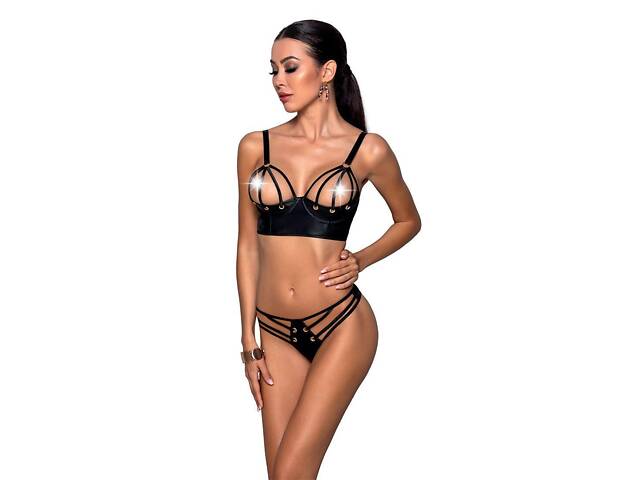 Комплект з екошкіри Passion Malwia Bikini black L/XL: з люверсами та ремінцями, бра та трусики. - Фото 1