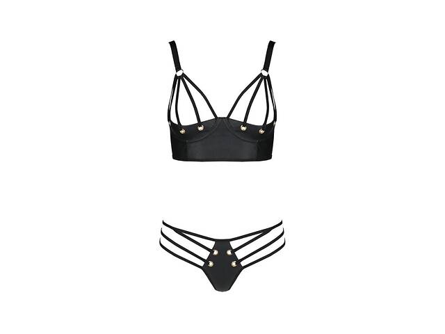 Комплект з екошкіри Passion Malwia Bikini black L/XL: з люверсами та ремінцями, бра та трусики. - Фото 3