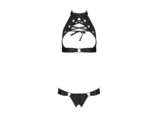 Комплект з екошкіри Passion Malwia Set with Open Bra black XXL/XXXL: топ і трусики з люверсами. - Фото 3