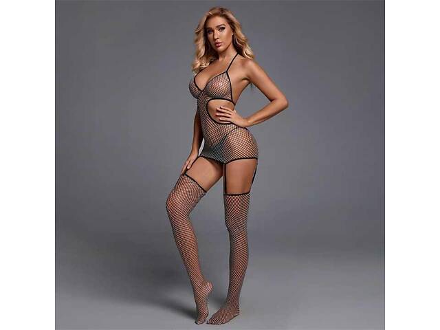 Комплект: Короткий прозрачный пеньюар с подвязками для чулок и чулками — S/M/L — Эротическое белье - Фото 1