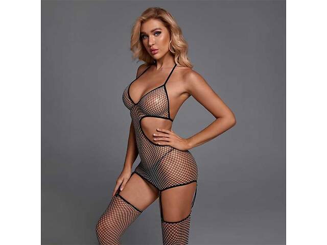 Комплект: Короткий прозрачный пеньюар с подвязками для чулок и чулками — S/M/L — Эротическое белье - Фото 5