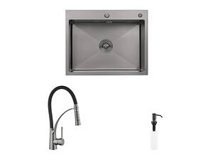Комплект кухонная мойка Kroner Schwarze-6350HM PVD + смеситель Ersel-GRP03393BLK + дозатор Spender-SCH049