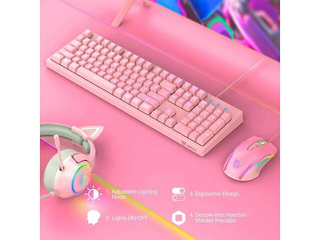 Комплект проводная игровая клавиатура и мышь ONIKUMA G25 CW905 Pink - Фото 4