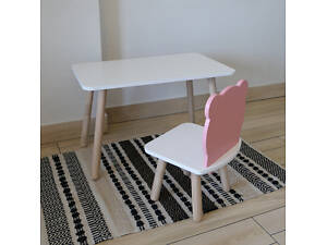 Комплект стіл та стул дитячий ChildWood - Set Стіл білий прямокутний + стілець білий рожевий Ведмедик