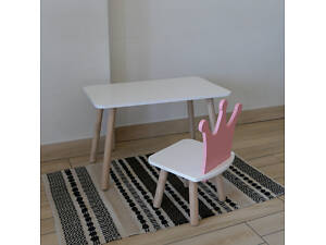 Комплект стіл та стул дитячий ChildWood - Set Стіл білий прямокутний + стілець білий рожевий Корона (Фанера)