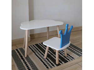 Комплект стіл та стул дитячий ChildWood - Set Стіл білий хмаринка + стілець білий блакитний Корона (Фанера)