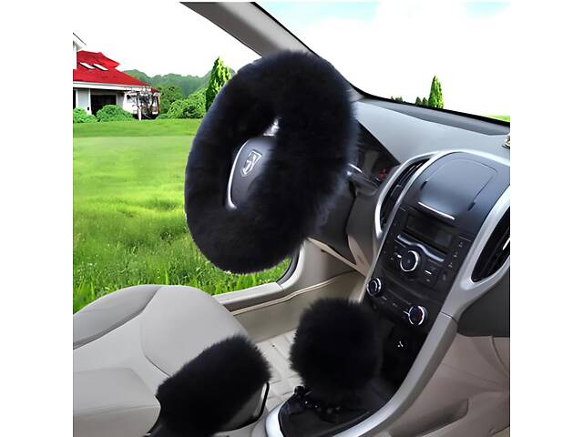 Комплект з 3 предметів: пухнастий чохол на кермо чорного кольору, чохол на коробку передач, чохол на ручник - Фото 1