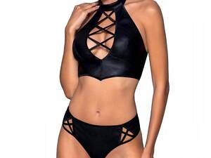 Комплект з еко-шкіри: бра і трусики з імітацією шнурівки Nancy Bikini black S/M - Passion Feromon