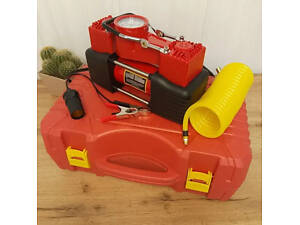 Компрессор автомобильный двухпоршневой в пластиковом кейсе + витой шланг Красный