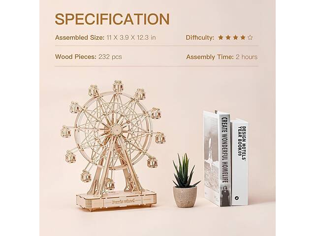 Конструктор Robotime Оглядове колесо 232 деталей. Дерев`яна 3D модель з музикою 28*10*34 см - Фото 2