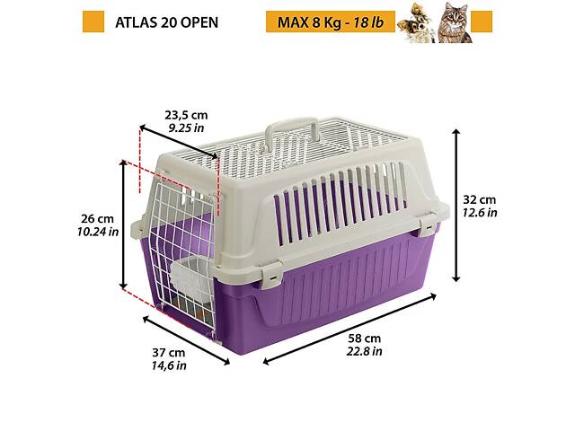 Контейнер переноска для котов и собак Ferplast Atlas Open (Ферпласт Атлас Оупен) 37 х 58 х h 32см - ATLAS 20 OPEN, Синий - Фото 2