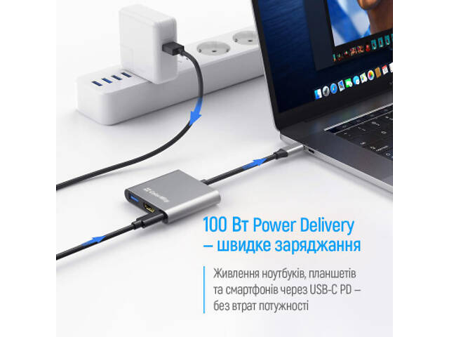 Концентратор ColorWay USB-C 3-в-1 USB 3.0 + HDMI 4K + USB-C PD100W (CW-HUB08) - Фото 2