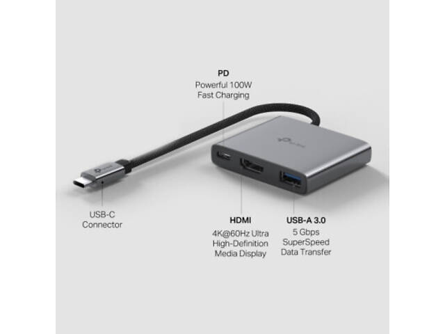 Концентратор TP-Link USB-C 3-в-1 1xUSB 3.0 + 1xUSB-C PD 100W + 1xHDMI (UH3020C) - Фото 6