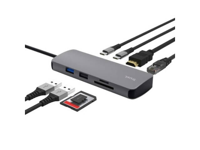 Концентратор Trust USB-C 8-в-1 1xUSB-А 3.2/USB-A 2.0/2xUSB-С/HDMI/Ehernet/SD/microSD алюмінієвий 0.15m grey (25672_TRUST) - Фото 1