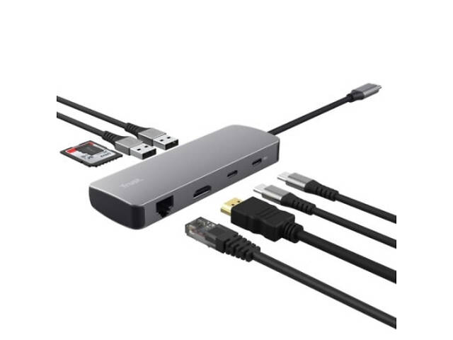 Концентратор Trust USB-C 8-в-1 1xUSB-А 3.2/USB-A 2.0/2xUSB-С/HDMI/Ehernet/SD/microSD алюмінієвий 0.15m grey (25672_TRUST) - Фото 2
