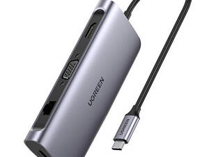 Концентратор USB Type-C Ugreen CM179 3xUSB 3.0 + HDMI + VGA + RJ45 1000M Ethernet + Cardreader, Gray