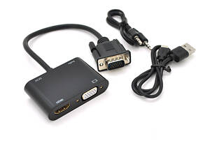 Конвертер VEGGIEG V2-H VGA (папа) на VGA(мама) + HDMI (мама), 25cm, Black, Пакет