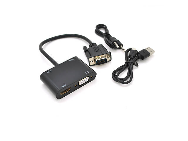Конвертер VEGGIEG V2-H VGA (папа) на VGA(мама) + HDMI (мама), 25cm, Black, Пакет - Фото 1