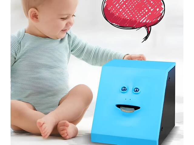 Копілка така, що їсть монети Facebank синя — оригінальна копілка з обличчям, яке рухається, для зберігання монет, 10×10 см - Фото 3