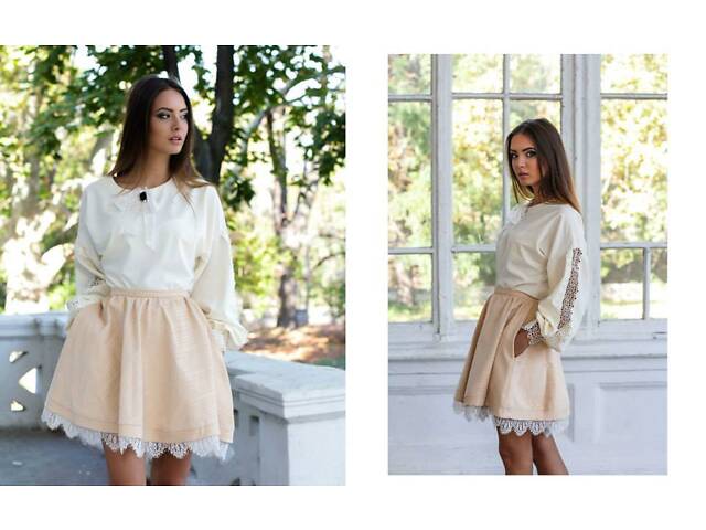 Коротка спідниця з тонкого вельвету, бежева. - Фото 2