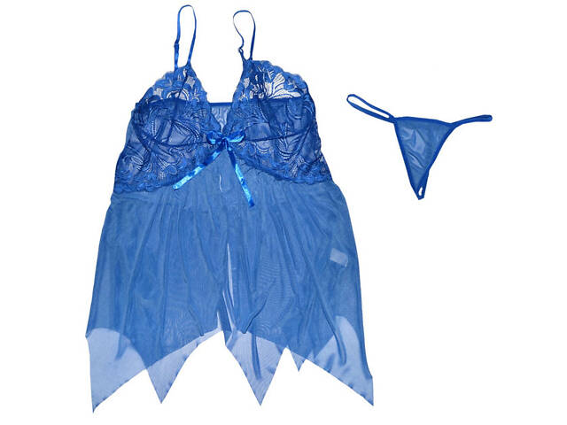 Короткий мереживний пеньюар зі стрингами We Love L Синій (BLUE_l_DLSC432) - Фото 4