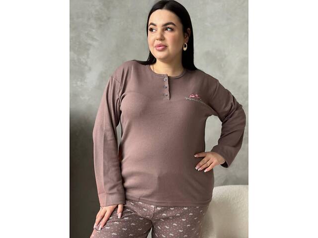 Коричнева піжама (штани у краплинку та бантики) DO3920 3XL - Фото 1