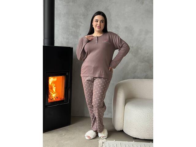 Коричнева піжама (штани у краплинку та бантики) DO3920 3XL - Фото 3