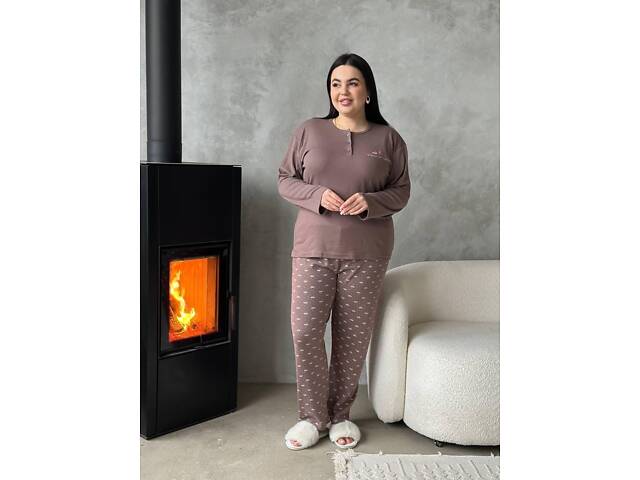 Коричнева піжама (штани у краплинку та бантики) DO3920 3XL - Фото 5