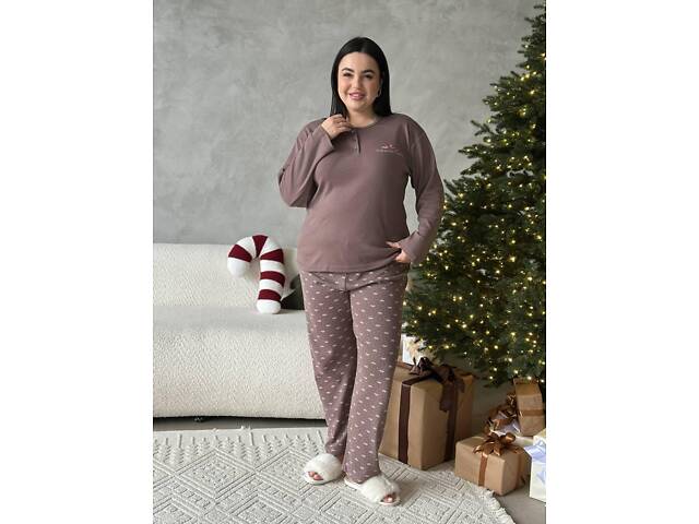 Коричнева піжама (штани у краплинку та бантики) DO3920 3XL - Фото 9