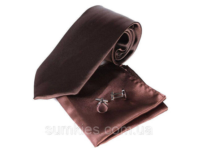 Коричневый набор Gofin галстук 8 см, платок, запонки GZL-3613 - Фото 1
