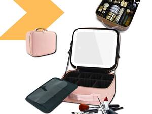Косметичка-чемоданчик з LED дзеркалом шкіряна РОЖЕВА - XPRO 20x15x10 см (44021-_722)