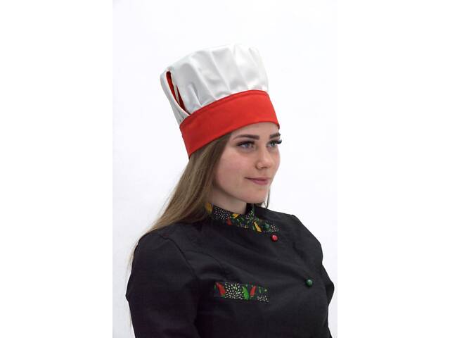 Колпак повара Танагра хлопок белый/красный на завязках - Фото 1