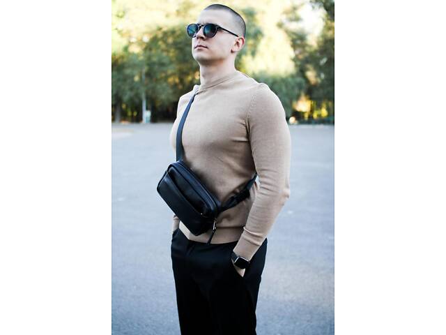 Кроссбоді, бананка із натуральної шкіри, шкіряна сумка на пояс SKILL Smart (чорна) - Фото 4