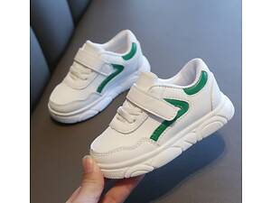 Кросівки дитячі PU-шкіра білі з зеленими смужками, Розмір 23