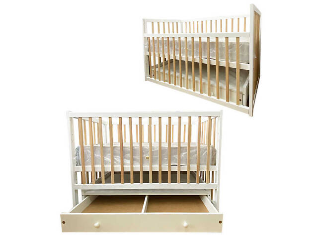 Ліжко дитяче 'Софія' - шарнір-підшипник+ящик з опускною боковиною (Білий+натуральний) - Фото 1