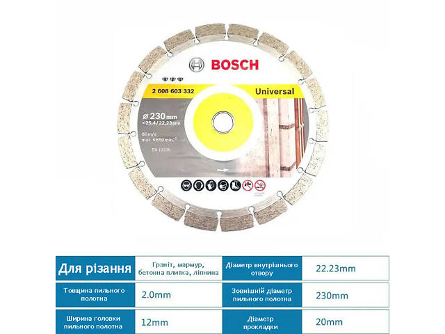 Круг алмазний відрізний Bosch Universal 230-22.23, універсальне застосування, Круг для болгарки - Фото 3