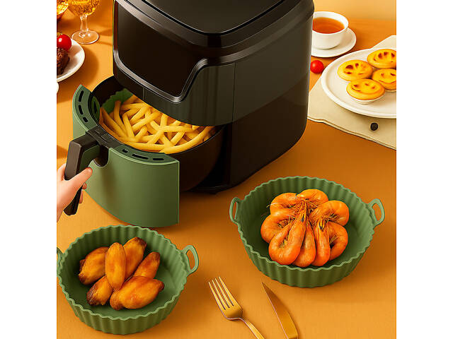 Кругла силіконова форма для аерогриля, духовки та мультипечі 21х21 см Зелений - Фото 2