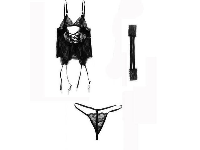 Мереживне бюстьє We Love стринги та наручники 2XL Чорний (2XL_black_DLSC0147) - Фото 7