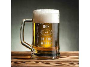 Кухоль для пива 'Bos №1 of the world' з ручкою, англійська, Дерев'яна подарункова коробка з гравіюванням, 500 мл