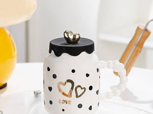 Кухоль керамічний Creative Show Ceramic Cup 400мл з кришкою чашка з кришкою Біла в чорний горошок